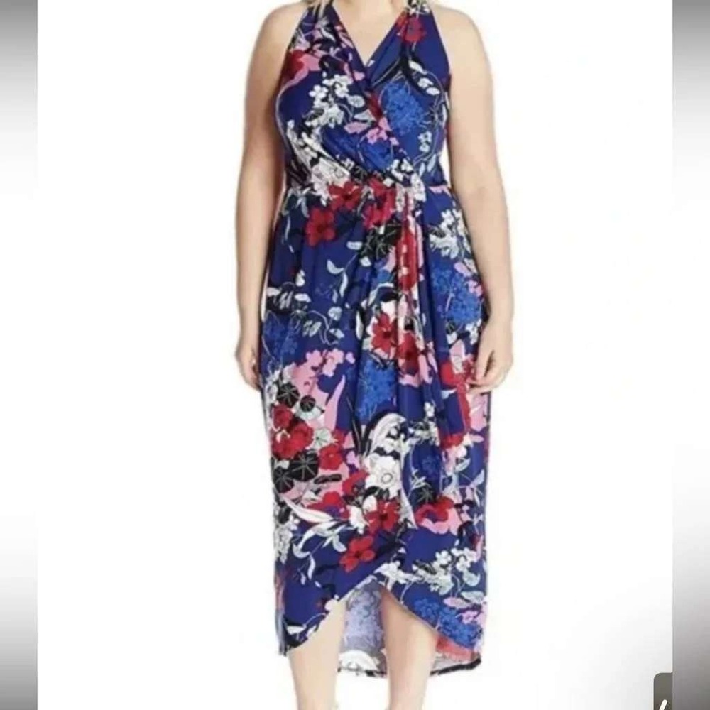 Adrianna Papell Womens 1X Blue Floral Faux Wrap Sleeveless Maxi Dress‎ Slit #16